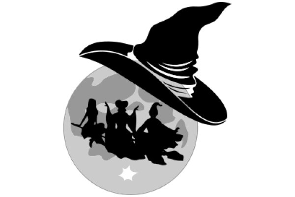A Silhouette of a Wizard's Hat with a Crescent Moon and Three Silhouetted Figures Below It