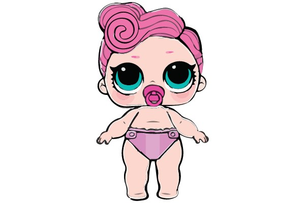 A whimsical character with a pink head and a purple swimsuit