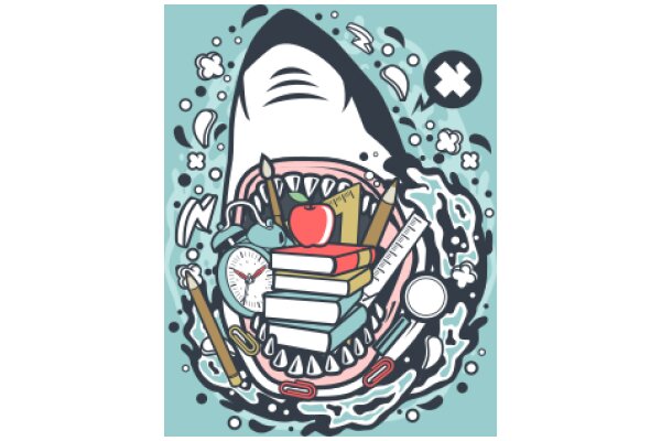 A Whimsical Illustration of a Shark's Mouth Filled with Various Items and Surrounded by a Blue Ocean