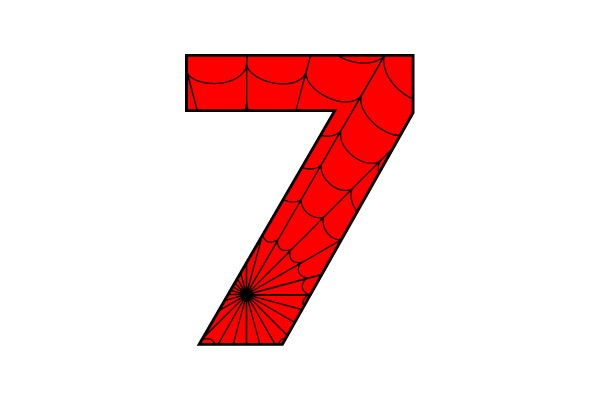 Stylized Red and Black Spider-Webbed Number Seven.
