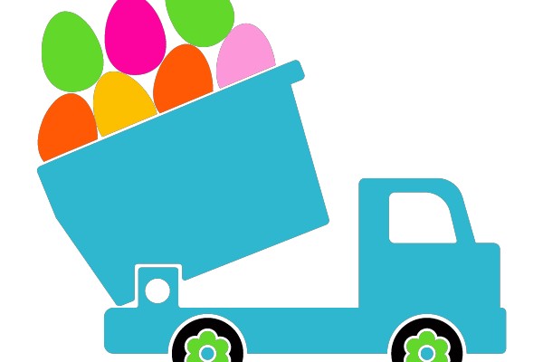 Springtime Delivery: A Cartoon of a Blue Dump Truck Overflowing with Colorful Easter Eggs
