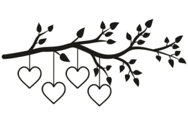 Silhouette of a Branch with Five Hanging Hearts