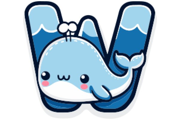 Whimsical Blue Whale with Pink Eyes and a White Flower on Its Head, Stylized in a Cartoon-like Design, Floating in a Blue Ocean with Waves