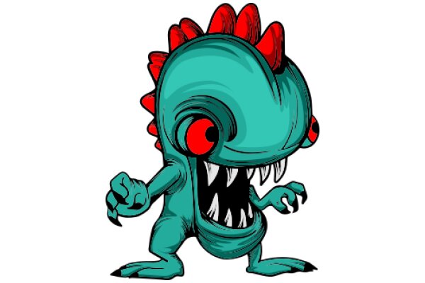 Vividly Illustrated Cartoon Character: A Friendly, Red-Eyed, Teal-Green Monster with a Spiky Hairdo and a Wide, Toothy Smile
