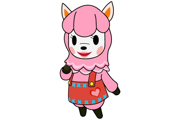 A PINK AND WHITE ANIMAL CHARACTER WITH A HEART AND X MARKS ON HER DRESS