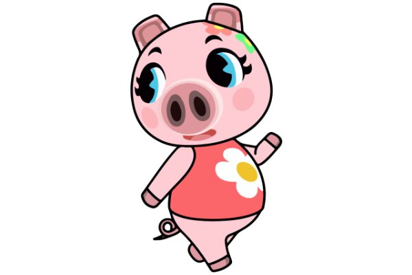 Adorable Pink Cartoon Pig with Big Blue Eyes and a Flower Shirt
