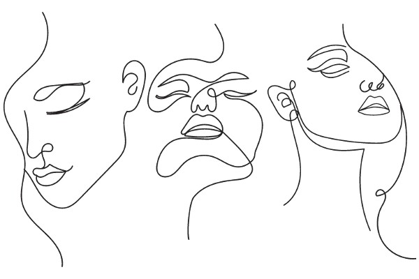 A Trio of Elegant Faces: A Line Drawing of Three Stylized Portraits