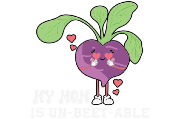 A Whimsical Illustration of a Purple Vegetable Character with Heart-Shaped Eyes and Leaves, Surrounded by Pink Hearts and the Text 'My Mom is Un-Beet-Able'.